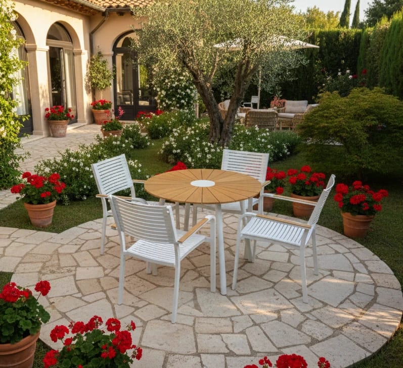 A Baxcha outdoor dining set laid for a meal in a garden